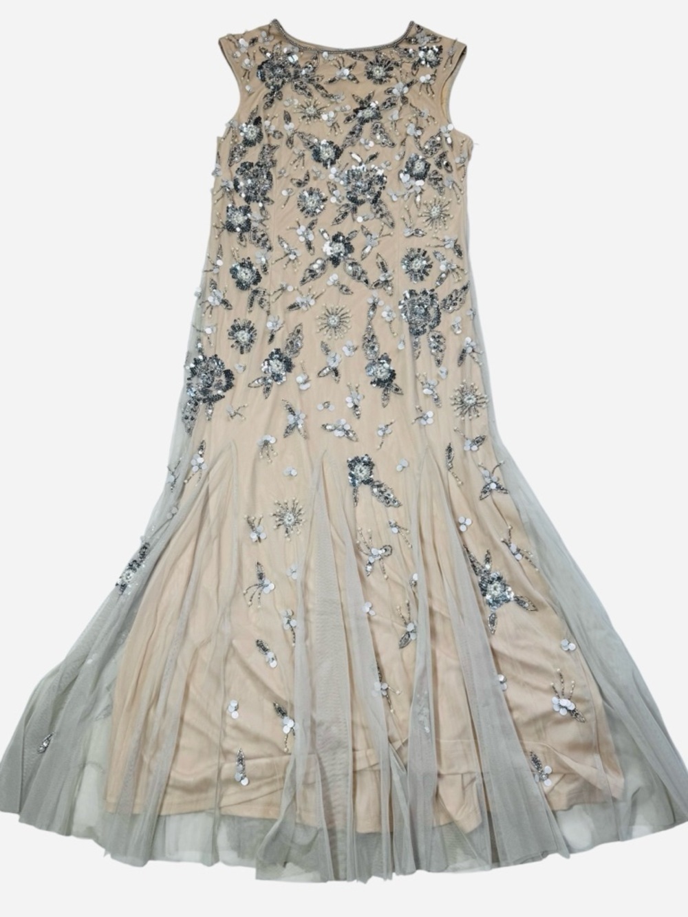 NWT New $299 Adrianna Papell Floral Beaded Ankle Length Gown In Silver Nude 14 - Picture 2 of 9